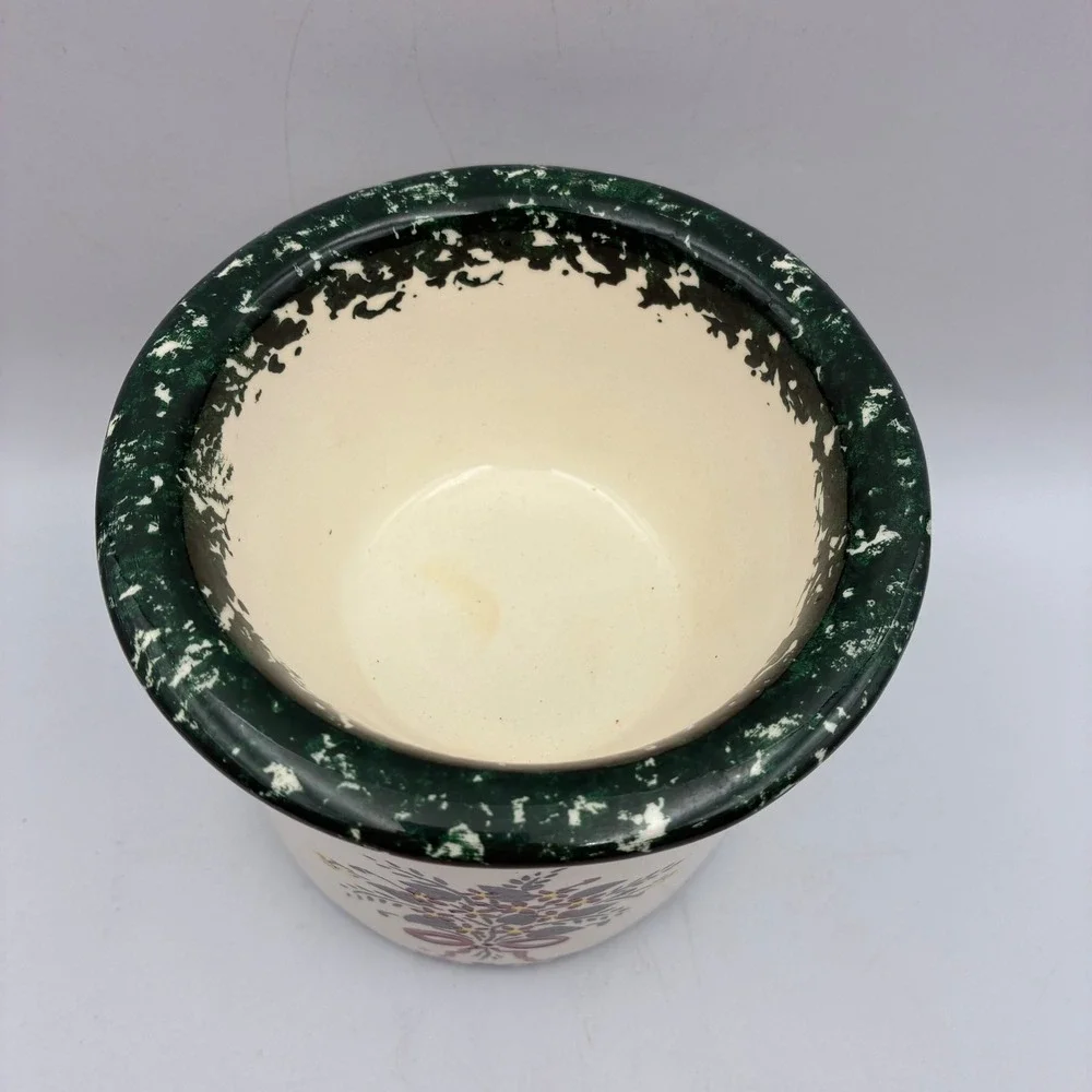 Artisan Floral Spongeware Ceramic Dip Chiller Potpourri Crock Green Cream 5in